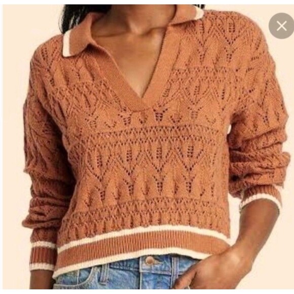 Universal Thread Orange Camel Rust Crochet Polo V-neck Crop Varsity Sweater Sz S - Picture 1 of 8